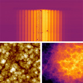The Asylum SCM module can be used on both conventional semiconductor materials as well as other advanced materials where SCM has not traditionally been used. (Top) The unique capability to directly measure capacitance allows the signal to be linearly correlated with dopant concentration, unlike dC/dV data from conventional SCM modules. (Bottom) This battery electrode material would not have previously been considered a good candidate for SCM imaging, but the higher sensitivity of the Asylum SCM module reveals contrast in the capacitance channel on the right beyond what can be observed in the topographic image on the left.