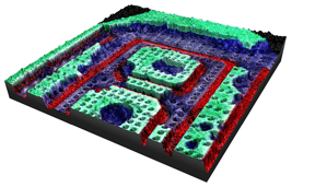 Above: AFM topography combined with aluminum (green), oxygen (red) and titanium (blue) EDS maps using Relate software