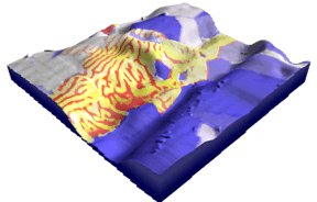 Composite 3D image of a duplex steel sample prepared in Relate, comprising AFM topography and magnetic force microscopy data along with EBSD phase map (blue and red) and grain boundaries (greyscale).