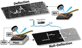 Chemical signal produced by a 4 nm thick polymer film collected using previous deflection AFM-IR detection, top, compared to the new null-deflection approach.

CREDIT
Image courtesy the Beckman Institute for Advanced Science and Technology