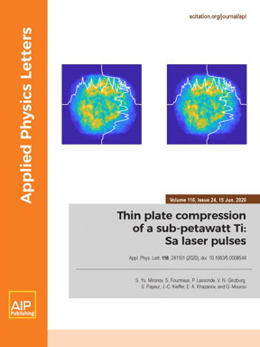 The paper "Thin plate compression of a sub-petawatt Ti:Sa laser pulses" made the cover of the journal Applied Physics Letters, Volume 116, Issue 24 published June 15, 2020.

CREDIT
AIP Publishing
