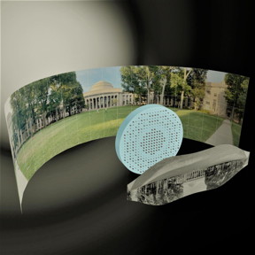 3D artistic illustration of the wide-field-of-view metalens capturing a 180 panorama of MIT's Killian Court and producing a high-resolution monochromatic flat image."

CREDIT
Mikhail Shalaginov, Tian Gu, Christine Daniloff, Felice Hankel, Juejun Hu