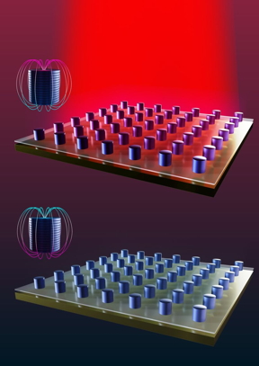 A plasmonic laser is turned on (top) and off (bottom) by switching the magnetisation of a nanodot array. The zoomed insets show the magnetic field around a single nanodot.