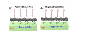 Schematic diagram showing the mechanism of electric field sensing in the graphene sensors for (a) positive and (b) negative electric fields. In the case of the positive electric field, the electrons are attracted towards the graphene channel from the SiO2 layer. In contrast, electrons are transferred from the graphene channel to the traps in the SiO2 layer for the negative electric field.

CREDIT
Manoharan Muruganathan from JAIST.