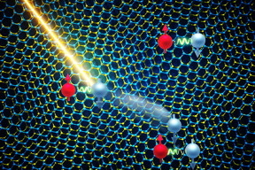 Caption:In the moir superlattice of trilayer graphene and hBN, a localized electron absorbs a photon and hops to a neighboring site.
Credits:Image: Ella Maru Studio