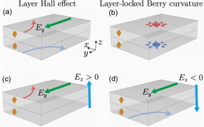 Schematics of the layer Hall effect (a) and layer-locked hidden Berry curvature (b) in a two-layer antiferromagnetic insulator. In the layer Hall effect, electrons are spontaneously deflected to opposite sides at different layers (the red and blue arrowed curves) due to the layer-locked hidden Berry curvature. (c)-(d) When a perpendicular electric field (the cyan arrow) is applied, the system shows layer-locked anomalous Hall effects tunable by the electric-field direction. The yellow arrows specify the antiferromagnetic configurations. The green arrows denote the in-plane electric field Ey for the Hall measurement.
CREDIT
©Science China Press