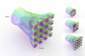 Researchers created a computational optimization pipeline that can automatically generate smooth designs for complex fluidic devices. Here, the pipeline uses 3D blocks which can vary their shape to produce a fluidic diffuser that channels liquid from one large opening to 16 smaller ones.
Credits:Credit: Yifei Li/MIT CSAIL