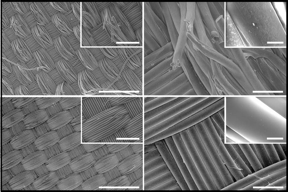 Images of uncoated (top left, right) and coated (bottom left, right) nylon-6,6 fabrics after nine washing cycles taken by a scanning electron microscope.

CREDIT
Image: Sudip Lahiri