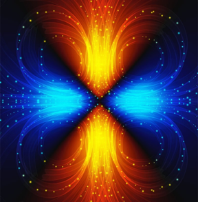 A team of Boston College researchers discovered that the photocurrent flows in (illustrated in blue) along one crystal axis of the Weyl semimetal and flows out (illustrated in yellow/orange) along the perpendicular axis, represented here as a result of a new technique the team developed using quantum magnetic field sensors to visualize the flow of electricity.

CREDIT
Zhou Lab, Boston College