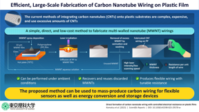 A novel method proposed by TUS researchers for the fabrication of multi-walled carbon nanotubes on flexible substrates, such as plastic films, eliminates many of the drawbacks of conventional techniques and can be used to mass-produce carbon wiring for flexible all-carbon electronic devices.

CREDIT
Takashi Ikuno from TUS, Japan