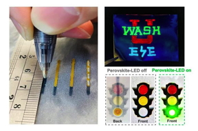 Junyi Zhao in the McKelvey School of Engineering demonstrates using a simple ballpoint pen to write custom LEDs on paper (left). The same pens can be used to draw multicolored designs on aluminum foil (top right) and to create light up sketches (bottom right).

CREDIT
Courtesy of Wang lab, Washington University in St. Louis